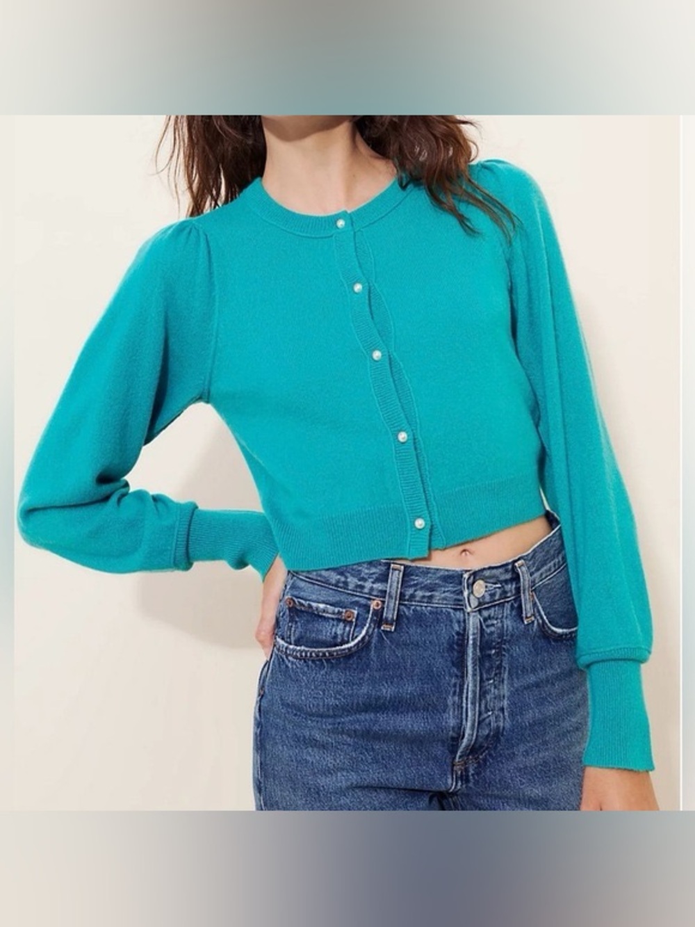 Small Free People Pearl cashmere button cardigan sweater Teal Cropped